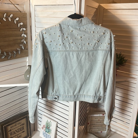 Sweet Generis Light Blue Cropped Denim Jacket With Pearl Accents - Picture 4 of 5